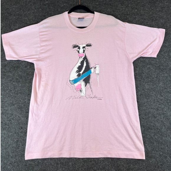 Screen Stars Best Other - Vintage 90s The Wild Side Shirt Mens XL Pink Milk Shake Cow Animal Graphic Tee